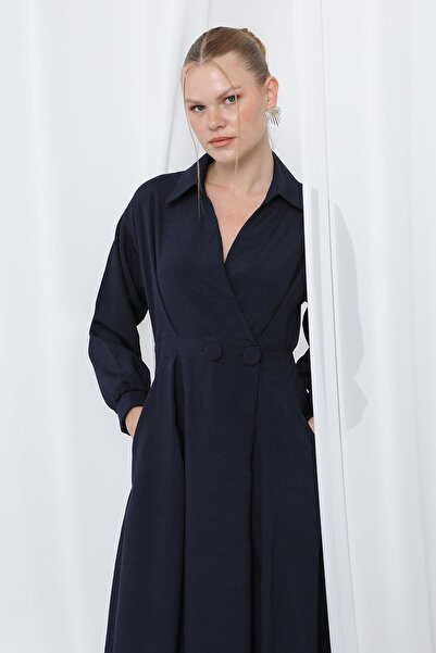 Loreen Γυναικείο φόρεμα με λεπτομέρεια με κουμπιά-20674ELB - Σκούρο μπλε