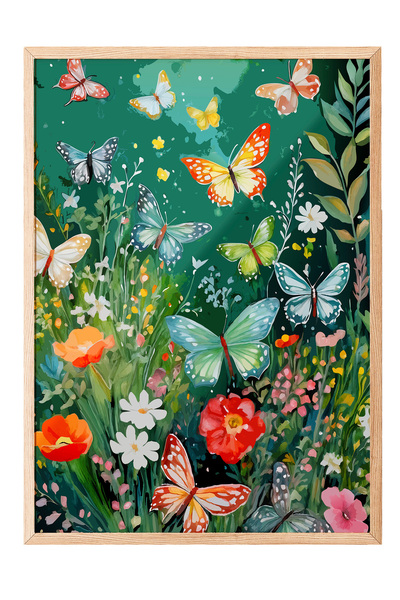 Zestia Tablou cu rame din lemn, flori și fluturi colorați, poster decorativ p...