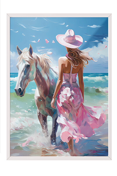 Zestia Πίνακας με λευκό πλαίσιο, Γυναίκα με καπέλο δίπλα στη θάλασσα, Διακόσμ...