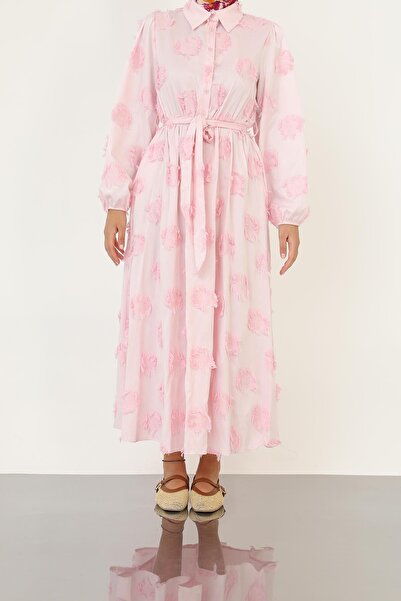 Loreen Women's 3D Floral Patterned Belted Maxi Dress -20695Elb - Pink