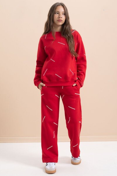 Cansın Mini Red Girl's Patterned 3 Thread Ribbed Wide Leg Tracksuit Set 22645