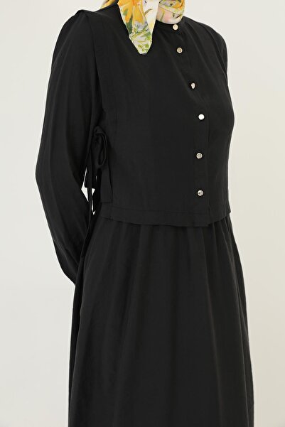 Loreen Γυναικείο μακρυμάνικο μάξι φόρεμα με μίνιμαλ κουμπιά-20691ELB - Μαύρο