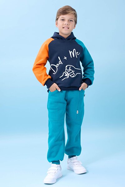 Perendi Момчешка блуза с качулка и надпис „Dad+Me“ с подплата от поларен флис – тъмносин
