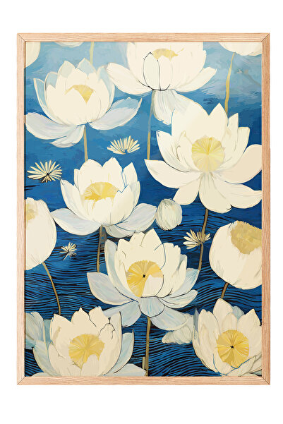 Zestia Tablou cu ramă din lemn, flori de lotus pe fundal albastru, poster dec...