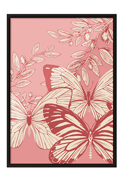 Zestia Tablou înrămat negru, ilustrație cu fluturi pe fundal roz, poster deco...