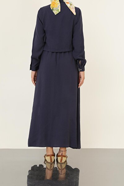 Loreen Kadın Minimal Düğmeli Kuşaklı Uzun Kollu Maxi Elbise-20691ELB - Lacivert