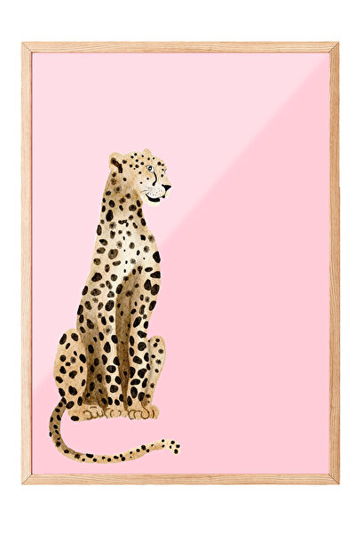 Zestia Tablou cu ramă din lemn, ilustrație leopard pe fundal roz, poster deco...