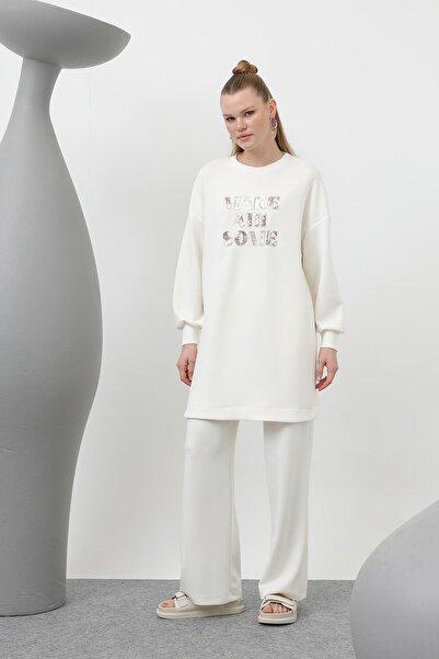 Puane Kadın Önü Taş Ve Pul İşleme Yazılı Ve Pantolonlu Takım - 14300TKS - ECRU