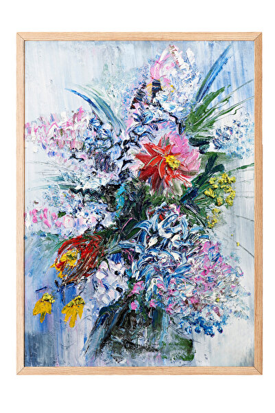 Zestia Tablou cu ramă din lemn, pictură cu detaliu de buchet de flori mov, po...