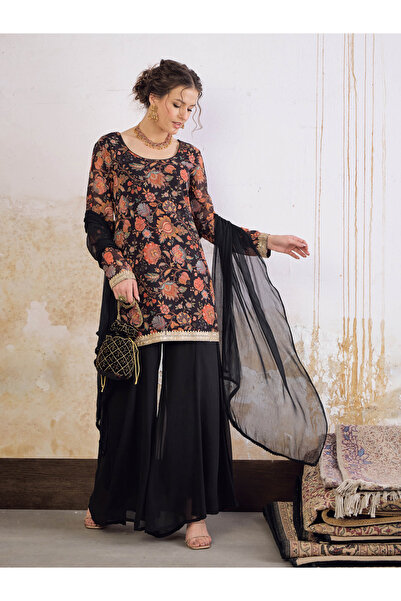 Sassafras By Styli Black Floral Short Kurta with Solid Palazzo Pants and Dupatta Set