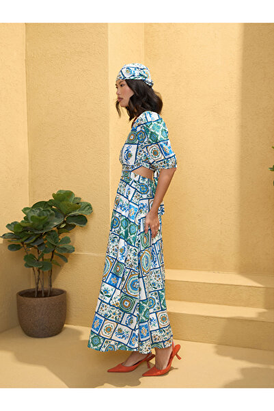 Sassafras By Styli Blue All Over Tile Print Back Cut Out Maxi Dress