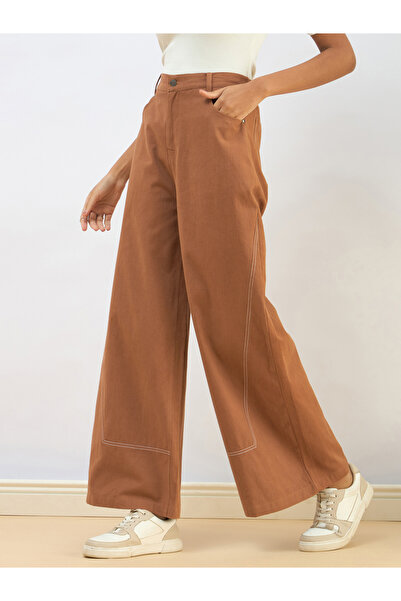 Sassafras By Styli Women Brown Twill Mid Rise Flared Pants