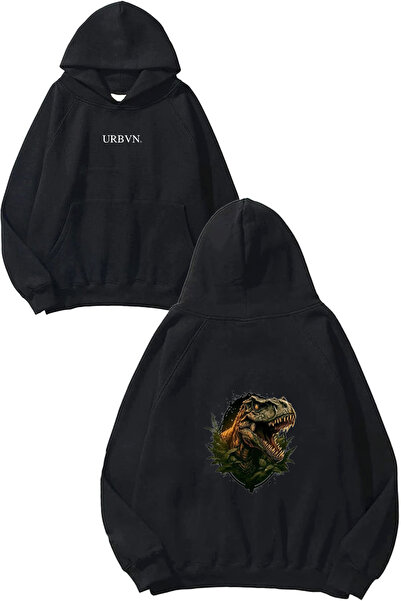 urbvn سويت شيرت أسود كبير الحجم مطبوع عليه تصميم ديناصور أخضر