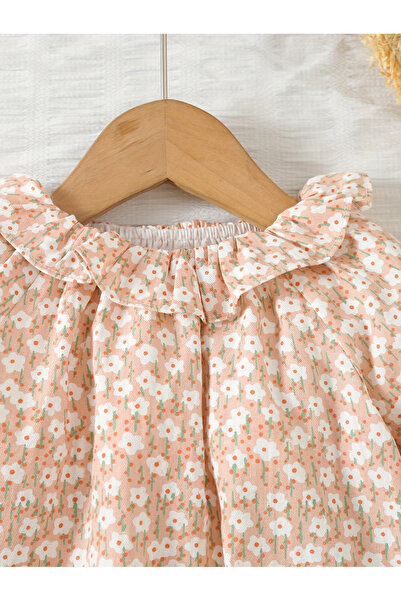 Take Two By Styli Girls Floral Print Cotton Top with Ruffle Collar