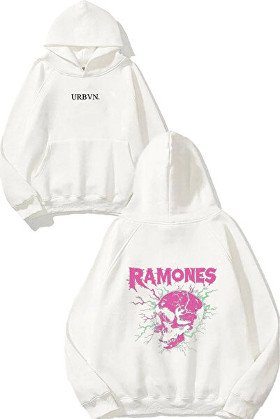 urbvn سويت شيرت أبيض كبير الحجم مطبوع عليه تصميم رامونز باللون الوردي