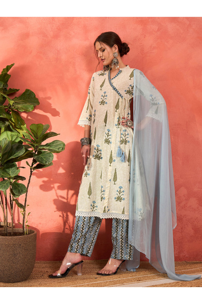 Sassafras By Styli White Floral Wrap Kurta with Pencil Pants and Dupatta Set