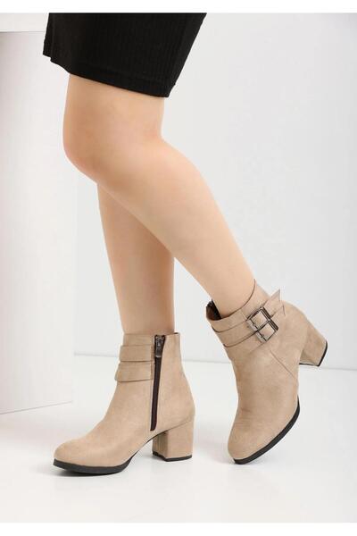 beelleshoe BELLE SHOE Kadın HEMERA bej Süet Çift Tokalı Kısa Bot