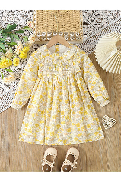 Styli Girls Yellow Cotton Floral Peter Pan Collar Dress