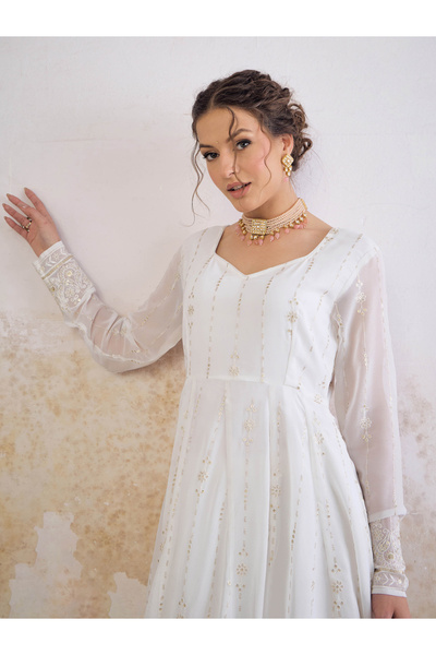 Sassafras By Styli White Sequence Sweetheart Neck Anarkali Kurta