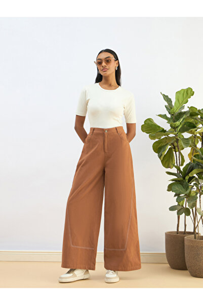 Sassafras By Styli Women Brown Twill Mid Rise Flared Pants