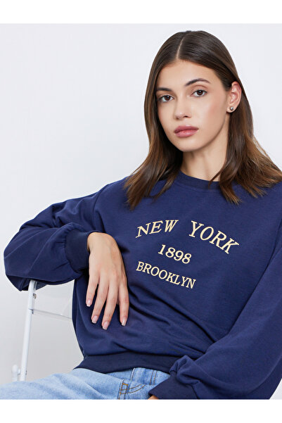 Take Two By Styli Navy Blue Slogan Print Oversized Sweatshirt