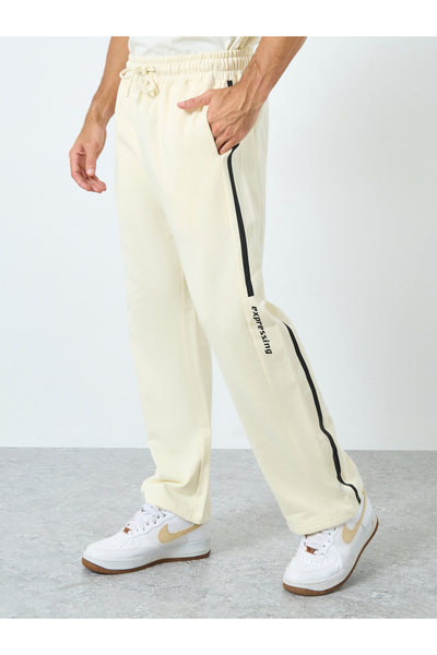 Styli Men Cream Striped Panel Fleece Joggers