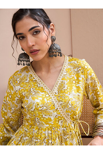 Sassafras By Styli Yellow Floral Wrap Neck Peplum Kurti