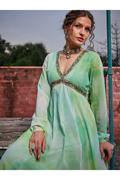 Sassafras By Styli Lime Green Tie-Dye V-Neck Anarkali Kurta