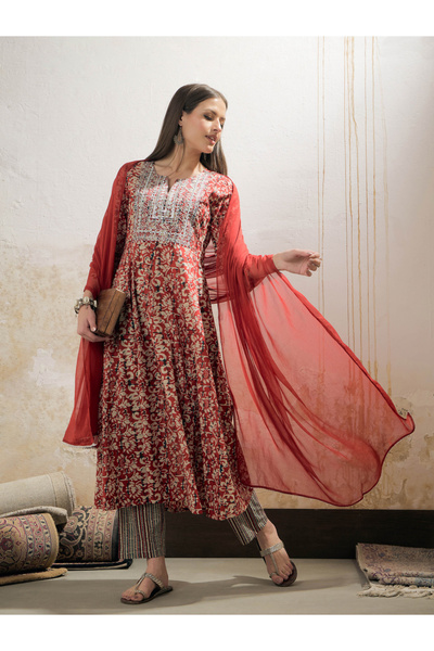 Sassafras By Styli Maroon Floral Anarkali Kurta with Pencil Pants and Dupatta Set