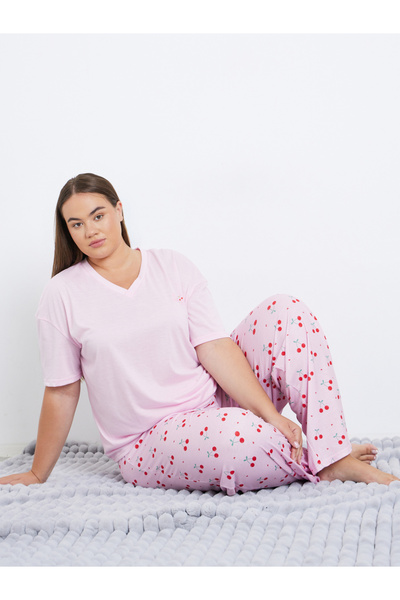 Styli Plus Cherry Print V Neck T-Shirt and Pyjama Set