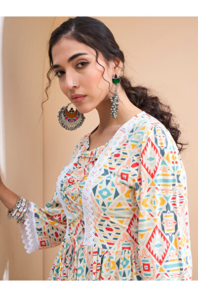 Sassafras By Styli Multi Geometric Print Peplum Kurti