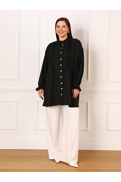 Alia By Styli Plus Black Tunic Top with Pintuck Detail