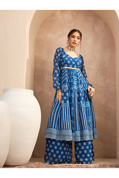 Sassafras By Styli Blue Sweetheart Neck Anarkali Kurta and Palazzo Pants Set