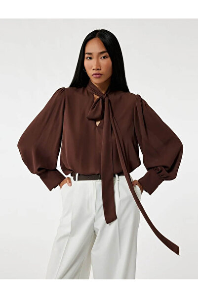 Koton Crepe Fabric Scarf Collar Long Sleeve Brown Women's Blouse 6Wak60050Uw