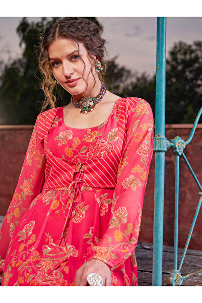 Sassafras By Styli Pink Floral Front Yoke Anarkali Kurta with Palazzo Pants Set