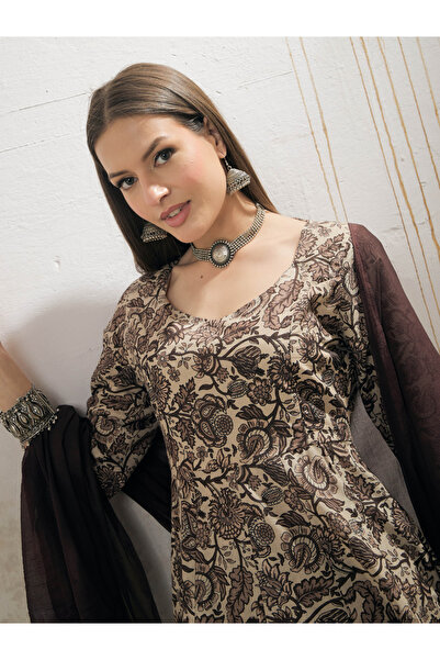 Sassafras By Styli Beige Floral Anarkali Kurta with Pencil Pant and Dupatta Set