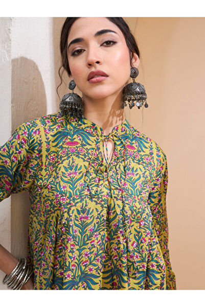 Sassafras By Styli Dark Mustard Floral Cambric Front Tie Knot Kurti