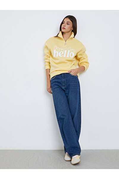 Take Two By Styli Yellow Slogan Print Half Zip Sweater