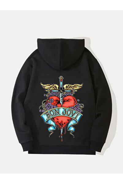 MAGORS سترة روك بقلنسوة من القطن المطبوع بأكمام طويلة وثلاثة خيوط من بون جوفي