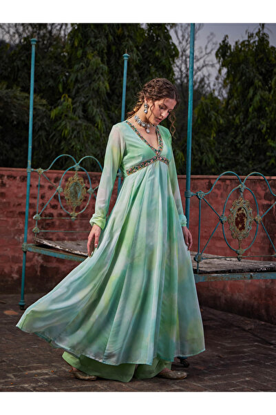 Sassafras By Styli Lime Green Tie-Dye V-Neck Anarkali Kurta