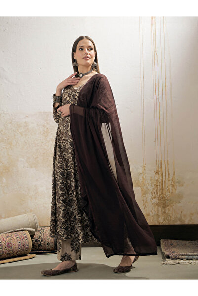 Sassafras By Styli Beige Floral Anarkali Kurta with Pencil Pant and Dupatta Set