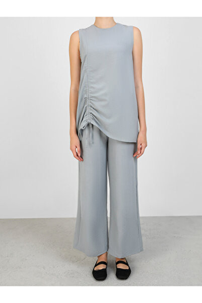 Refka By Styli Grey Sleeveless Ruched Top with Kimono and Trousers Co-Ords
