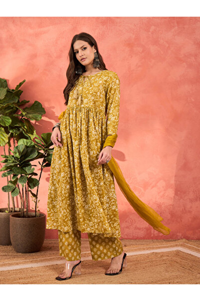 Sassafras By Styli Yellow Floral Front Dori Gathered Kurta with Pencil Pants and Dupatta Set
