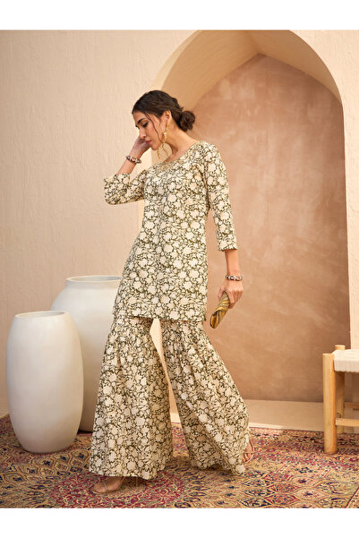 Sassafras By Styli Olive Floral Embroidered Kurta and Sharara Set