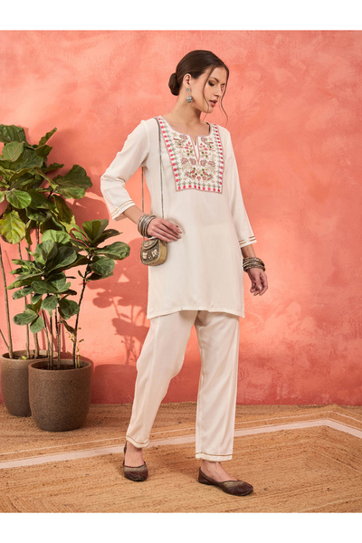 Sassafras By Styli White Rayon Embroidered Short Kurta with Salwar Set