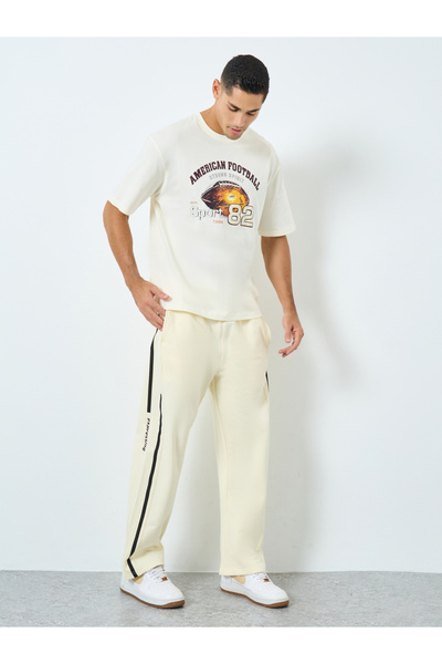 Styli Men Cream Striped Panel Fleece Joggers