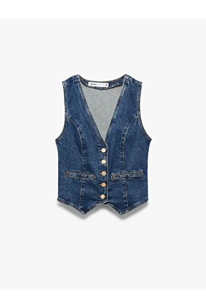 Koton V Yaka Kolsuz Düğmeli Cep Detaylı Denim indigo Kadın Yelek 6WAL20002MD