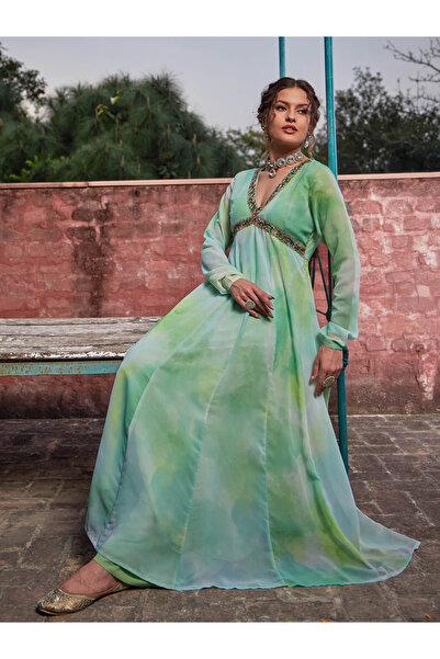 Sassafras By Styli Lime Green Tie-Dye V-Neck Anarkali Kurta