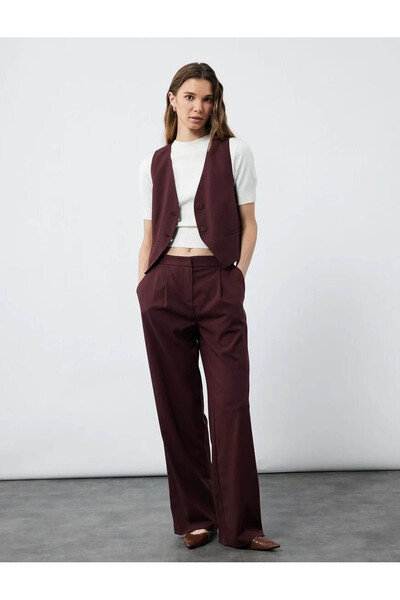 Koton Pantaloni de damă Palazzo Burgundy din material textil cu buzunare și d...
