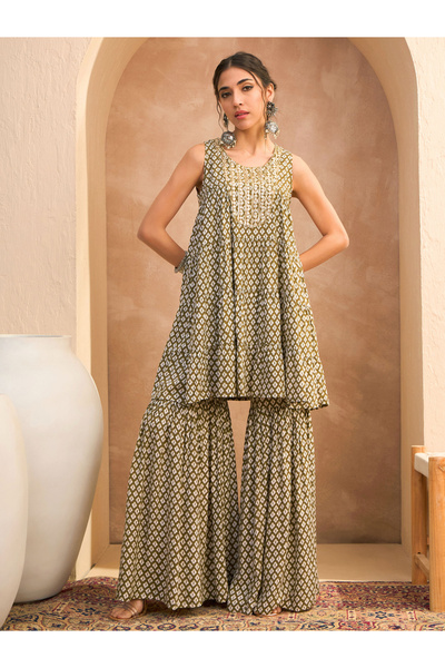 Sassafras By Styli Olive Printed Embroidered Kurta and Sharara Pants Set